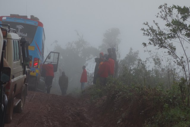 Stuck in the mud...the only road in and out of the crater. 